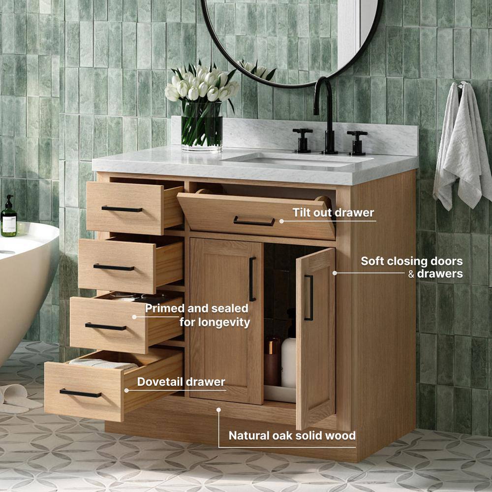 Oak Freestanding Single Vanity with Carrara Marble Top