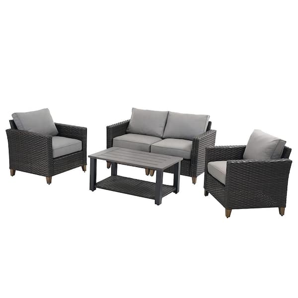 Unbranded 5-Piece Wicker Outdoor Patio Conversation Set with Gray Cushions
