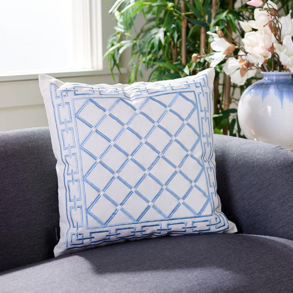 Blue and White Embroidered Cotton Square Throw Pillow