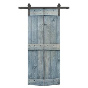 20 in. x 84 in. Mid-Bar Series Solid Core Denim Blue Stained DIY Wood Bi-Fold Barn Door with Sliding Hardware Kit