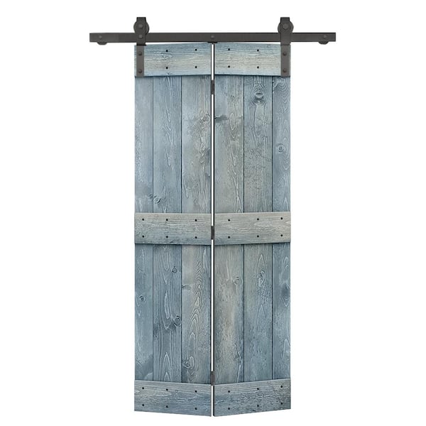 28 in. x 84 in. Mid-Bar Series Denim Blue Stained DIY Wood Bi-Fold Barn Door with Sliding Hardware Kit
