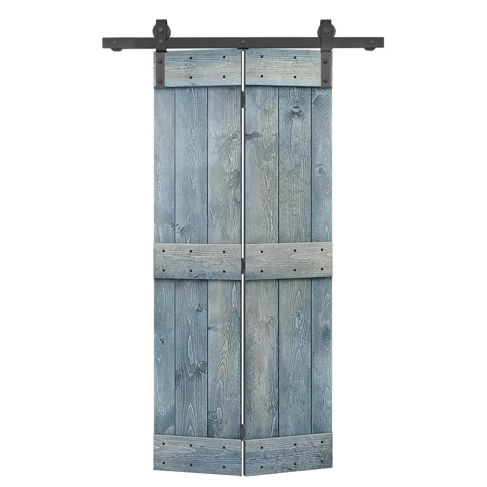 30 in. x 84 in. Mid-Bar Series Denim Blue Stained DIY Wood Bi-Fold Barn Door with Sliding Hardware Kit price history on PriceWatchPro
