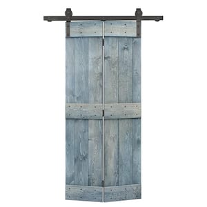34 in. x 84 in. Mid-Bar Series Denim Blue Stained DIY Wood Bi-Fold Barn Door with Sliding Hardware Kit