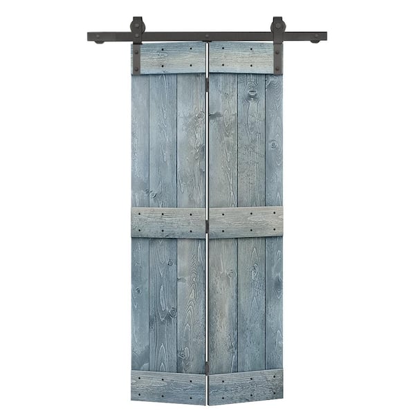 CALHOME 36 in. x 84 in. Mid-Bar Series Denim Blue Stained DIY Wood Bi-Fold Barn Door with Sliding Hardware Kit