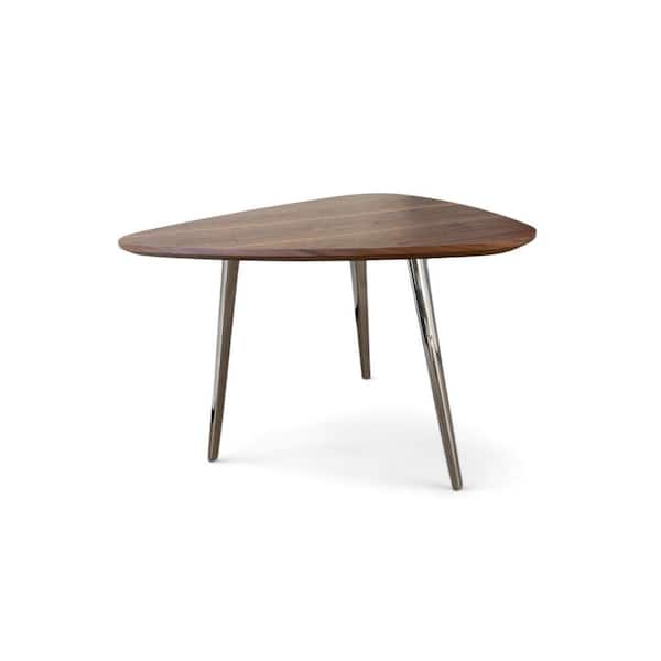 Benjara Hle 22 in. Walnut Brown and Chrome Triangle Wood Coffee Table with Chrome Base