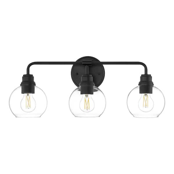 Hampton Bay Florabelle 24 in. W 3-Light Vanity Light Matte Black Clear Globe Glass Shades