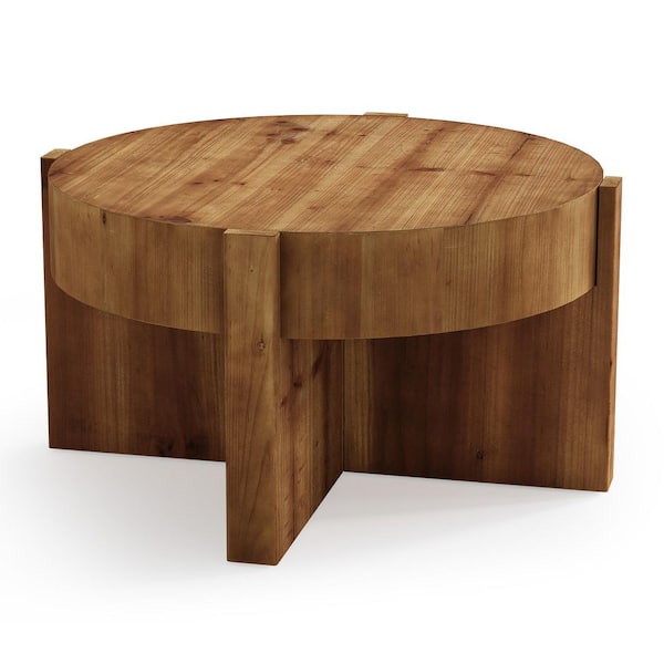 Rustic Brown 31.5 in. Round Solid Wood Coffee Table, Center Table with Thick Tabletop and X-Shaped Legs for Living Room