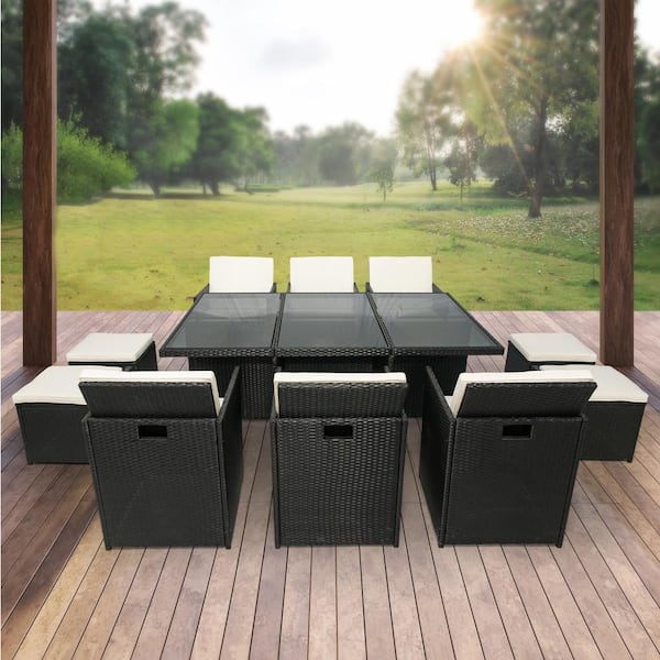 URTR Black 11 Piece PE Rattan Wicker Outdoor Dining Set with Table