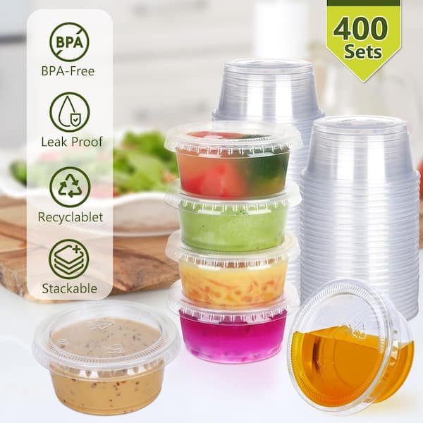 JFVKAF 400-Pack 2 oz. Clear Plastic Food Storage Portion Cups with Lids for Condiments, Jello Shots, Sauces, Snacks
