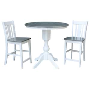 3-Piece Set Heather Gray and White 36 in. Round Gathering Height Table with 2-Counter Height Stools
