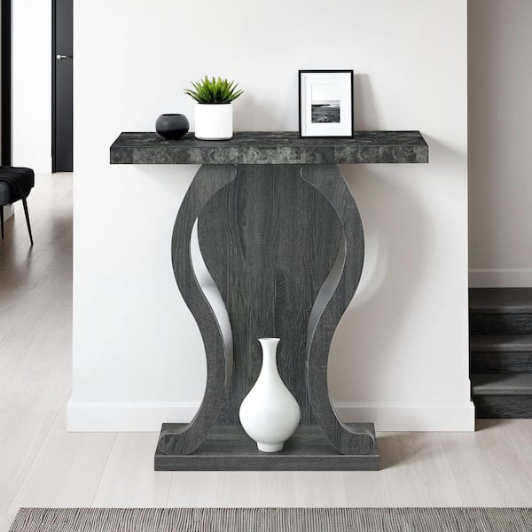 Convenience Concepts Newport Terry B 31.5 in. Weathered Gray/Black Faux Marble Rectangle Console Table with Shelf