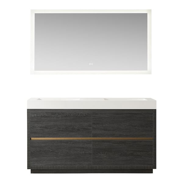 ROSWELL Huesca 59.8 in. W x 19.7 in. D x 33.9 in. H Double Sink Bath Vanity in North Black Oak w/ White Composite Top and Mirror