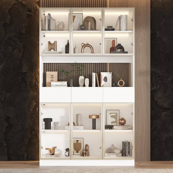 FUFU&GAGA White Wood 47.2 in. W Buffet Food Pantry W/Hutch, Glass Doors, Multiple Shelves, LED Lights (14.2 in. D x 78.7 in. H)