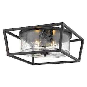 Mercer 14 in. Matte Black with Matte Black Accents and Seeded Glass Flush Mount
