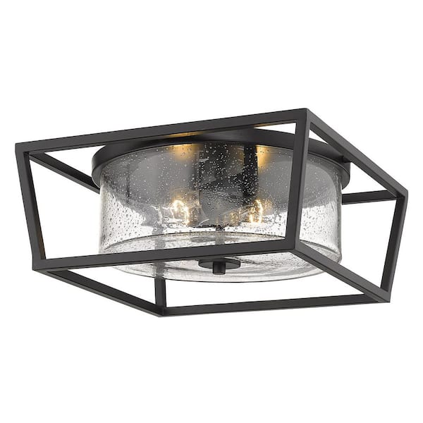 Golden Lighting Mercer 14 in. Matte Black with Matte Black Accents and Seeded Glass Flush Mount