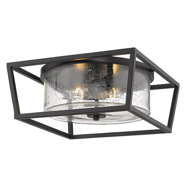 Mercer 14 in. Matte Black with Matte Black Accents and Seeded Glass Flush Mount