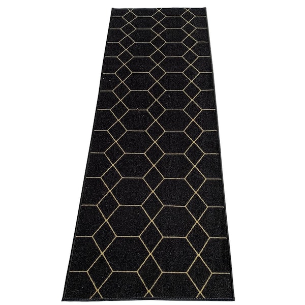 PLAYA RUG Hexagon Trellis Black Color 26 in. Width x Your Choice Length Custom Size Roll Runner Rug/Stair Runner