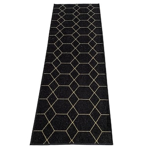 Hexagon Trellis Black Color 31 in. Width x Your Choice Length Custom Size Roll Runner Rug/Stair Runner