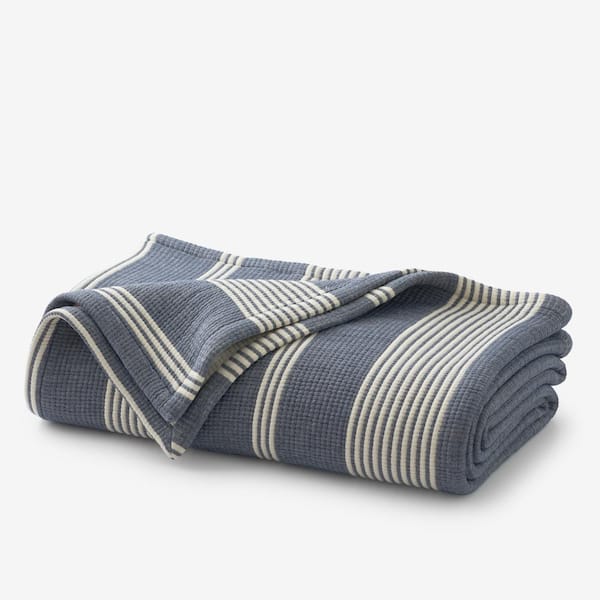 The Company Store Legends Hotel Marque Stripe Cotton Denim Blue Striped Knitted King Blanket