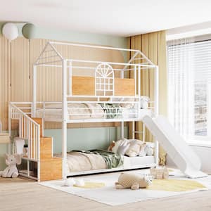 White  Twin Over Twin Metal Bunk Bed, Metal Housebed with Slide and Storage Stair with White Slide