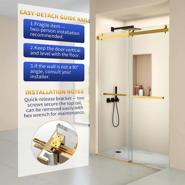 48 in. W x 76 in. H Double Sliding Frameless Shower Door in Gold with Smooth Sliding and 5/16 in. (8 mm) Glass