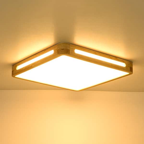 HUOKU Lumin 19.7 in. W Square Natural Oak Wood and Acrylic Flush