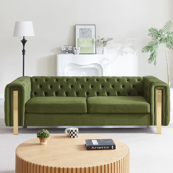 Addyston 83.75 in. Square Arm Velvet Rectangle 3-Seats Sofa in. Green, Gold Metal Legs