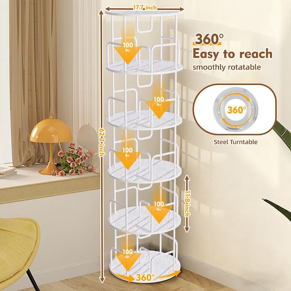 62 in. Tall White MDF and Metal Iron 5 Shelves Etagere Bookcase, 360° Round Spinning Bookcase Tower