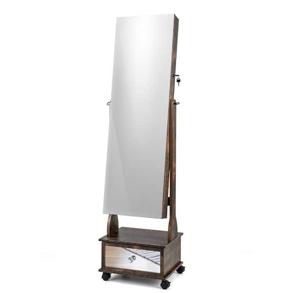 16.5 in. x 62.5 in. Rustic Brown Freestanding Lockable Mirrored MDF Jewelry Boxes Armoire with Lights and Drawer