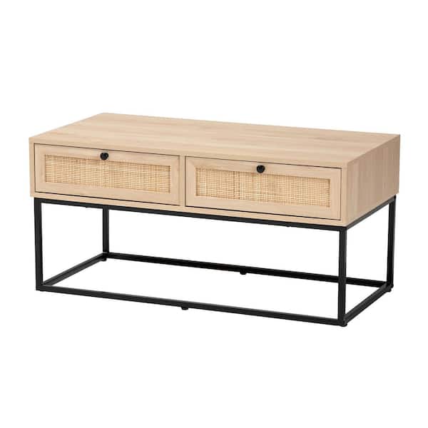 Baxton Studio Amelia 39.4 in. Natural Brown and Black Rectangle Wood Coffee Table