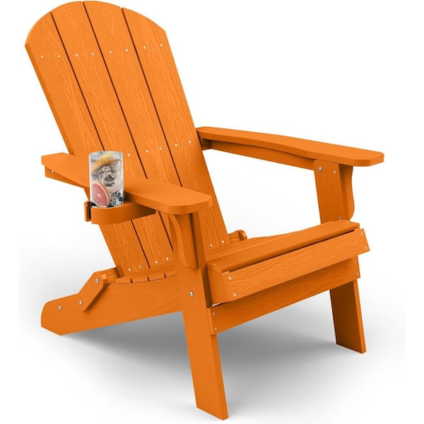 Mximu Orange Plastic Outdoor Folding Adirondack Chair with Cup Holder