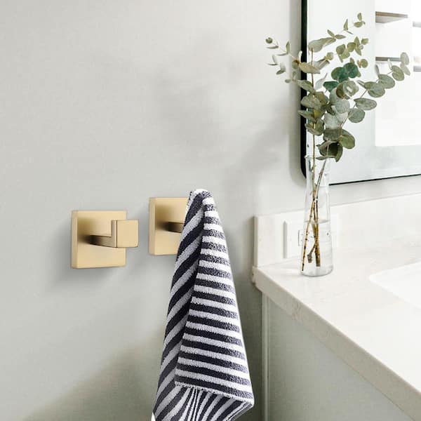 Square Stainless Steel Bath Hardware Accessory Wall Mount J-Hook Robe/Towel Hook in Gold (4-Pack)