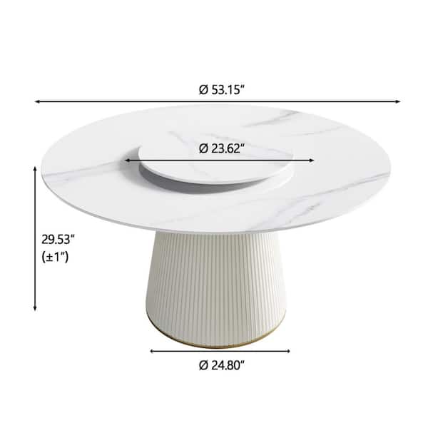 53 in. White Circular Rotable Sintered Stone Tabletop with Lazy Susan Pedestal Base Kitchen Dining Table (Seats-6)