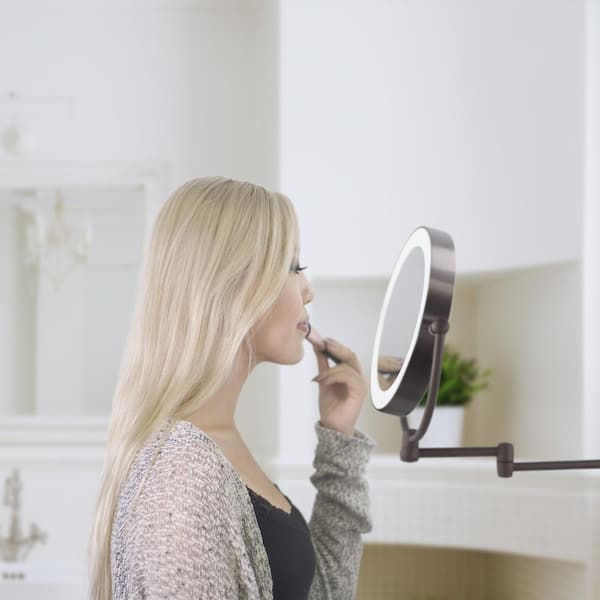 Zadro 15 in. L x 12 in. W LED Lighted Round Wall Mount Bi-View 10X/1X Magnification Beauty Makeup Mirror in Bronze