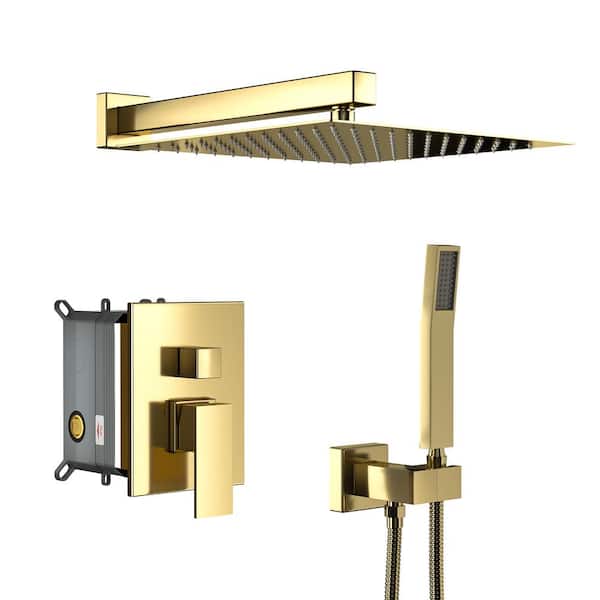Fapully Single Handle 2-Spray Shower Faucet 1.8 GPM with Pressure Balance, 12 in. Head Shower with Hand Shower in Gold
