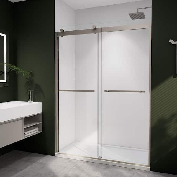 50-54 in W x 74 in H Dual Sliding Frameless Soft-Close Shower Door in Brushed Nickel with (8 mm) Clear Glass