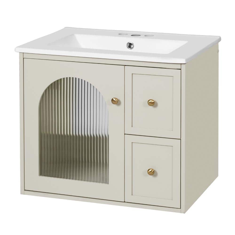 24 in. W Beige Wall-Mounted Bathroom Vanity with Ceramic Sink, Soft-Close Door and 2 Drawers price history on PriceWatchPro