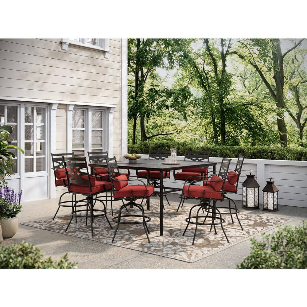 Montclair 9-Piece Steel Outdoor Dining Set with Chili Red Cushions, 8 Swivel Chairs and 60 in. Counter Height Table -  Hanover, 840148708471