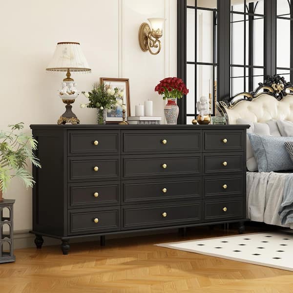 63 in. L Black Rectangle Wooden Console Table Entry Table with 12-Drawers, Wooden Legs, European Style