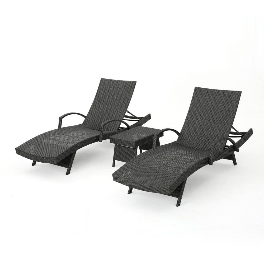 Gray Wicker Outdoor Chaise Lounge Set with Armrests and Side Table