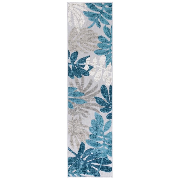 SAFAVIEH Cabana 2 ft. x 8 ft. Gray/Blue Abstract Palm Leaf Indoor/Outdoor Runner Rug