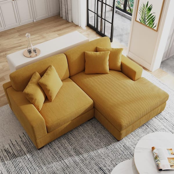Uixe 83.4 in. W Square Arm 2-Piece Corduroy Fabric L-Shaped Modern Sectional Sofa in Orange with 4 Pillows
