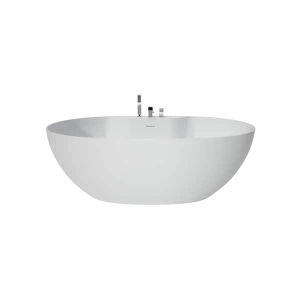 63 in. x 32 in. Flatbottom Solid Surface Freestanding Soaking Bathtub with Shower Faucet in Matt White