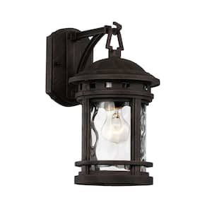 Boardwalk 12.5 in. 1-Light Rust Outdoor Wall Light Fixture with Clear Water Glass
