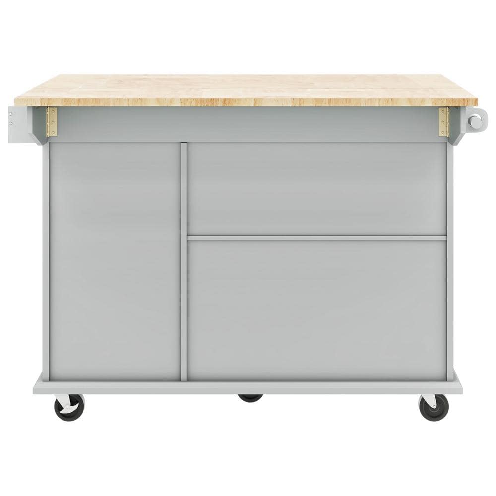JimsMaison Grey/Blue Rubberwood Kitchen Cart with Drop Leaf, Internal Storage Rack, and 2