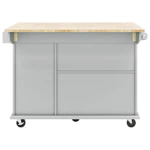 Grey/Blue Rubberwood Kitchen Cart with Drop Leaf, Internal Storage Rack, and 2 Drawers
