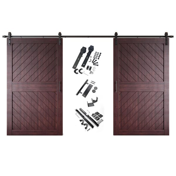 HOMACER XT3 50 in. x 84 in. C-Panel Red Mahogany Slanted Stripe Design Double Pine Wood Sliding Barn Door with Hardware Kit