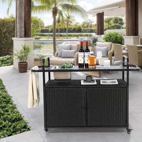 Unbranded Wicker Outdoor Bar Table, Bar Cart with Cabinet, Terrace Bar with Steel Top and Ice Bucket Lockable Wheels Black
