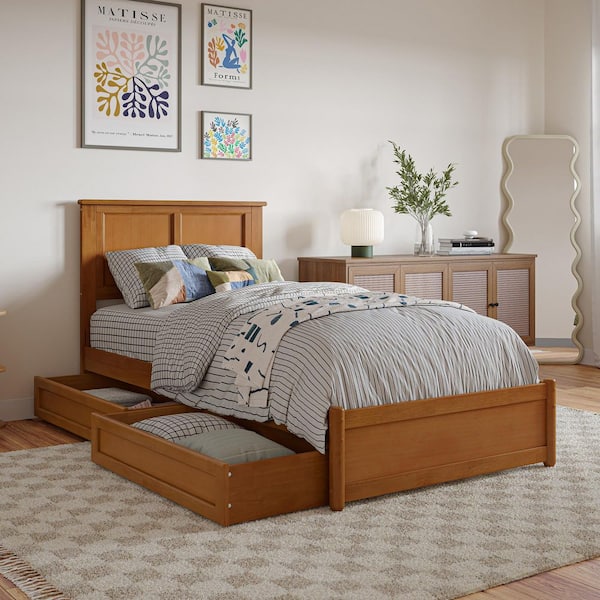 AFI Felicity Light Toffee Natural Bronze Solid Wood Frame Twin XL Platform Bed with Panel Footboard and Storage Drawers