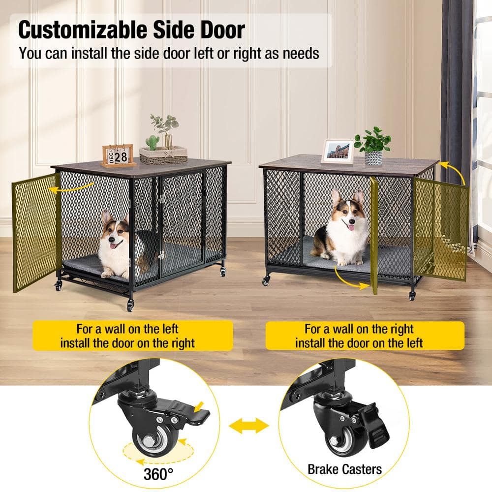 Large Black Metal Dog Crate Table with Casters